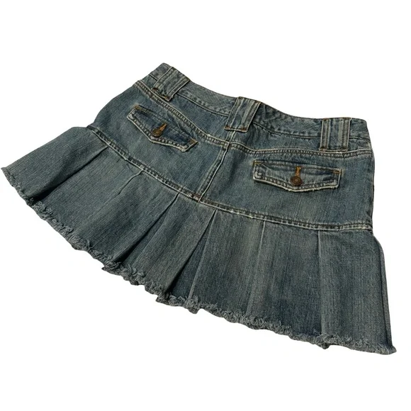 Y2k American Eagle Distressed Micro Denim Pleated Mini Skirt Fringe Hem, Sz 6 - Picture 7 of 14